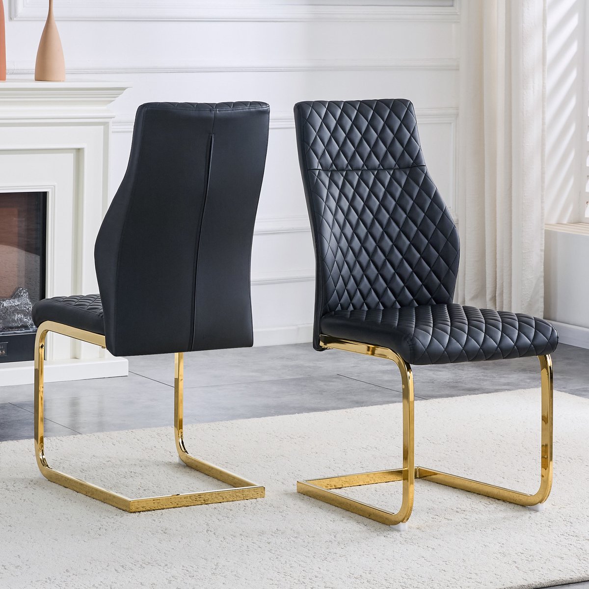 COVREO Eetkamerstoel 100 x 43 cm - set van 2, kunstleer, hoge rugleuning, zwart en goud