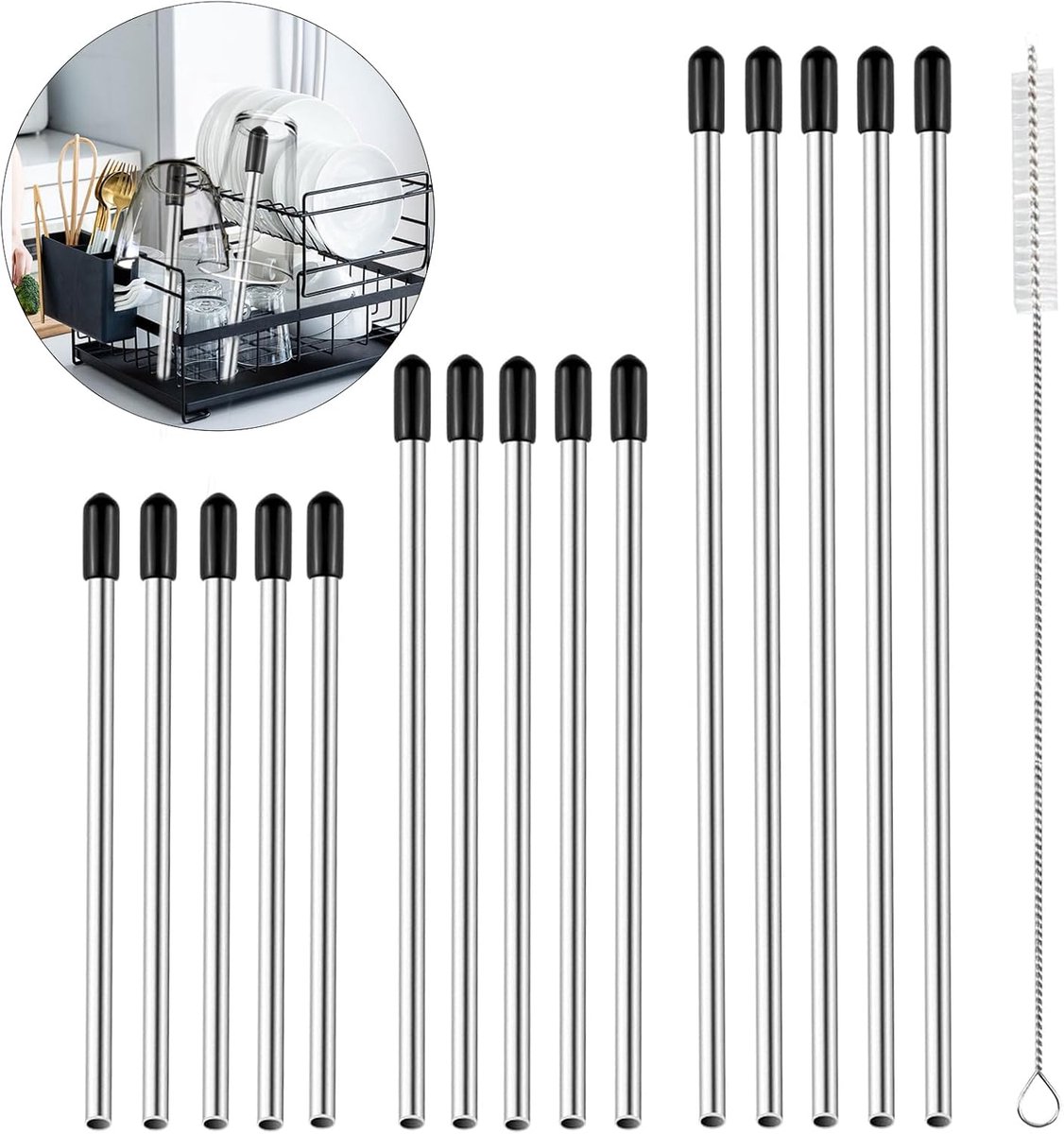 SnelShoppen - Pack van 15 Roestvrijstalen Fleshouders voor Vaatwasser - Inclusief Siliconen Dop - Diverse Maten 15 cm, 21.5 cm, 24 cm - Keukenaccessoi