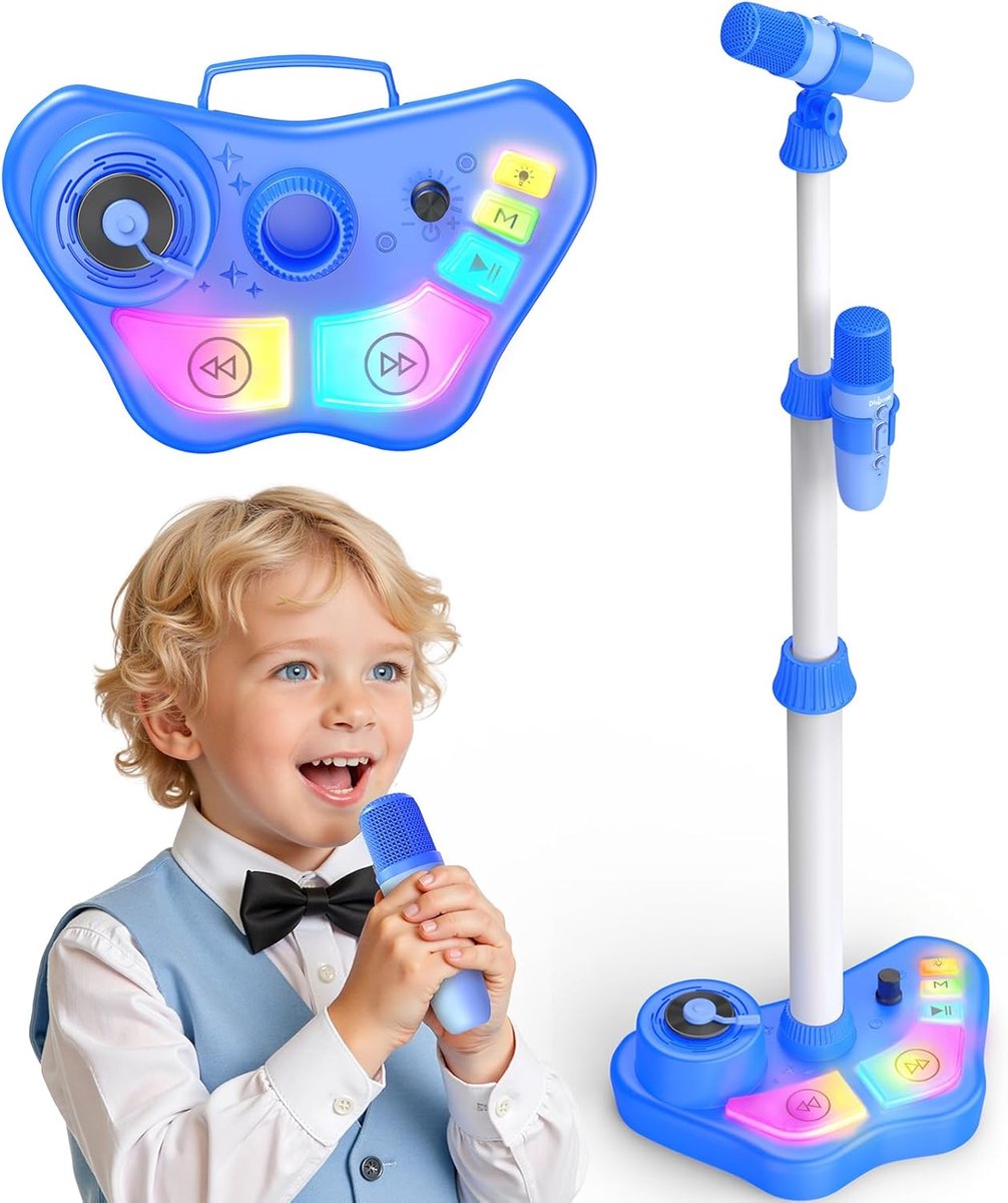 SnelShoppen - Microfoon voor Kinderen met Stand en Speaker, Muzikaal Speelgoed met LED Verlichting, Hoogte Verstelbaar van 47-108 cm, Cadeau voor Jong