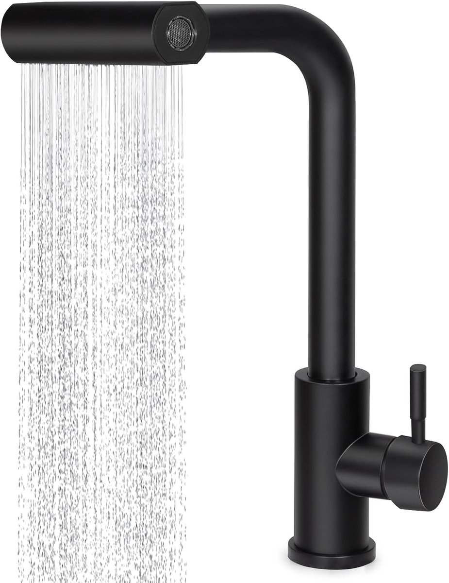 SnelShoppen - Waterfall Keukenkraan met Uittrekbare Nozzle 360° Rotatie, 4 Waterstralen, Zwart, Duurzaam Keramisch, Ideaal voor Keuken
