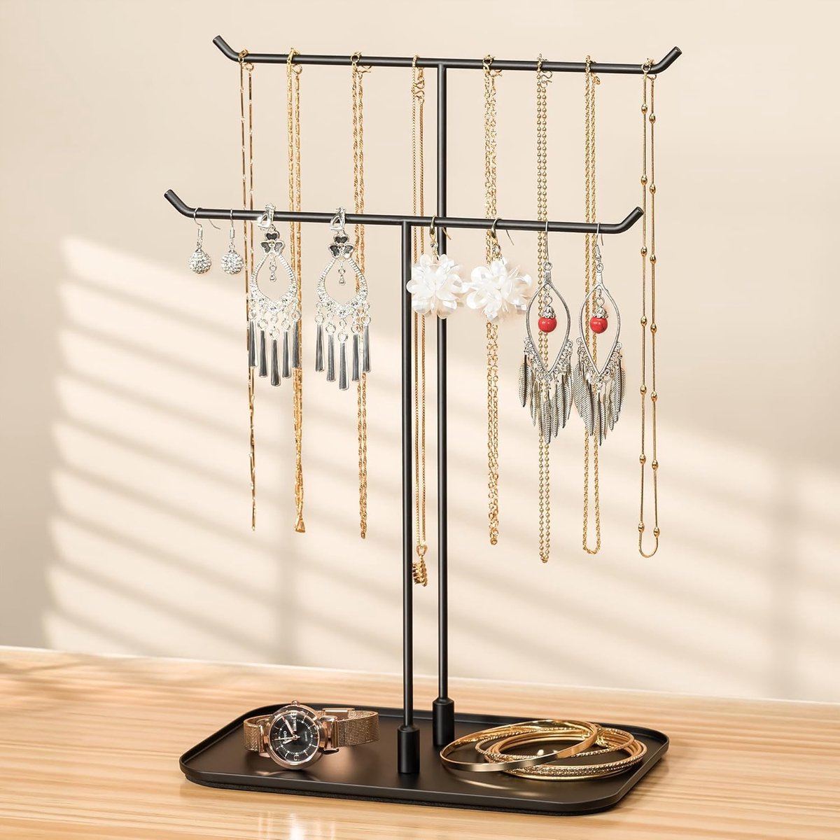 SnelShoppen - Josmimic Sieraadstandaard, Sieraadhouder, Sieraadtray, Sieraadopslag voor Kettingen, Armbanden, Oorbellen, Ringen, Zwart, Duurzaam Metaa