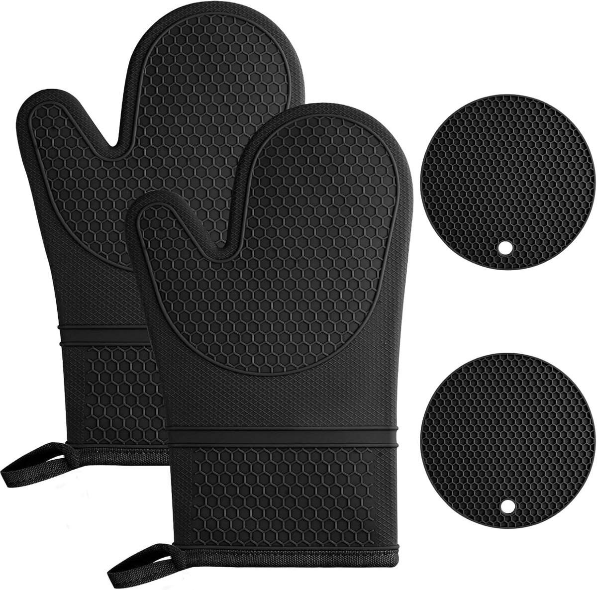 Thijox - Hittebestendige Ovenwanten en Pannenlappen van Siliconen, Waterdicht, Antislip, Lange Keukenhandschoenen voor Koken en Grillen met 2 Pannenla
