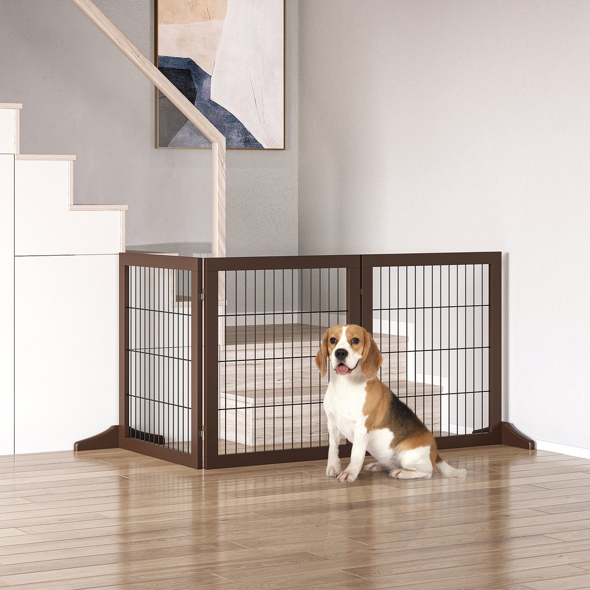MODENUIT Hondenhek – 185 x 36 x 71 cm – Hout en Metaal – Bruin – Opvouwbaar 3 Panelen – Vrijstaand
