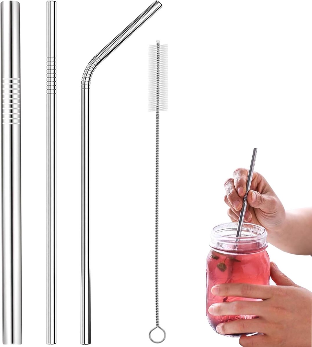 SnelShoppen - Herbruikbare RVS Drinkrietjes Set - 3 Stuks - 12mm Boba Straw & 2x 6mm Rietjes - 215mm Lang - Inclusief Schoonmaakborstel - Perfect voor