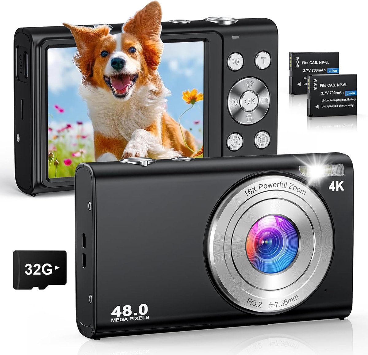 SnelShoppen - 48MP Digitale Camera 4K met 32GB Geheugenkaart, 16x Digitale Zoom, 2 Batterijen, 2.8 Inch Oplaadbaar LCD Scherm voor Kinderen en Beginne