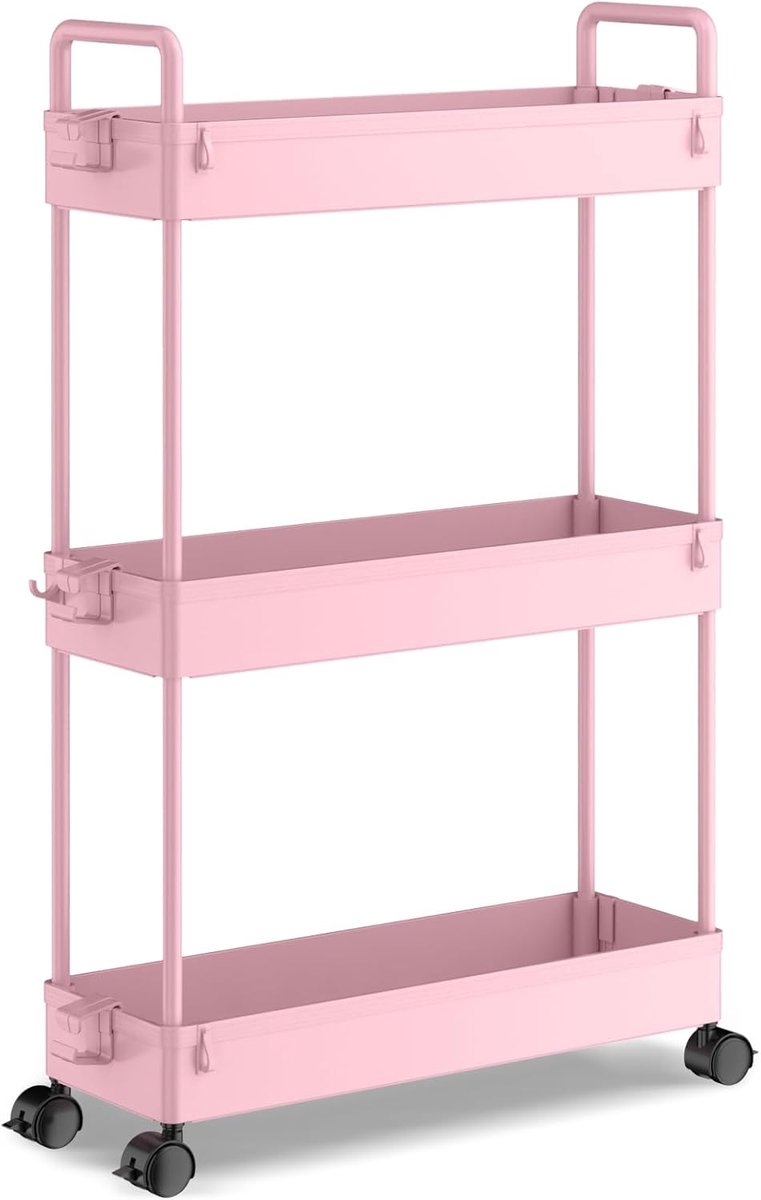 SnelShoppen - Smalle Opbergtrolley met Wieltjes - 3 Laags - Plastic - Roze - Voor Keuken, Badkamer, Wasruimte, Slaapkamer, Krappe Ruimtes