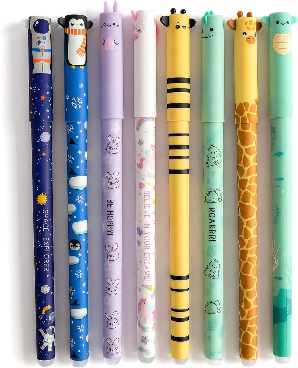 SnelShoppen - 8 Uitwisbare Gelpennen met Cartoon Dieren, 0,5 mm Rollerball Pennen voor Kinderen, Schrijven, Tekenen en Notities Maken, Schattige Kleur