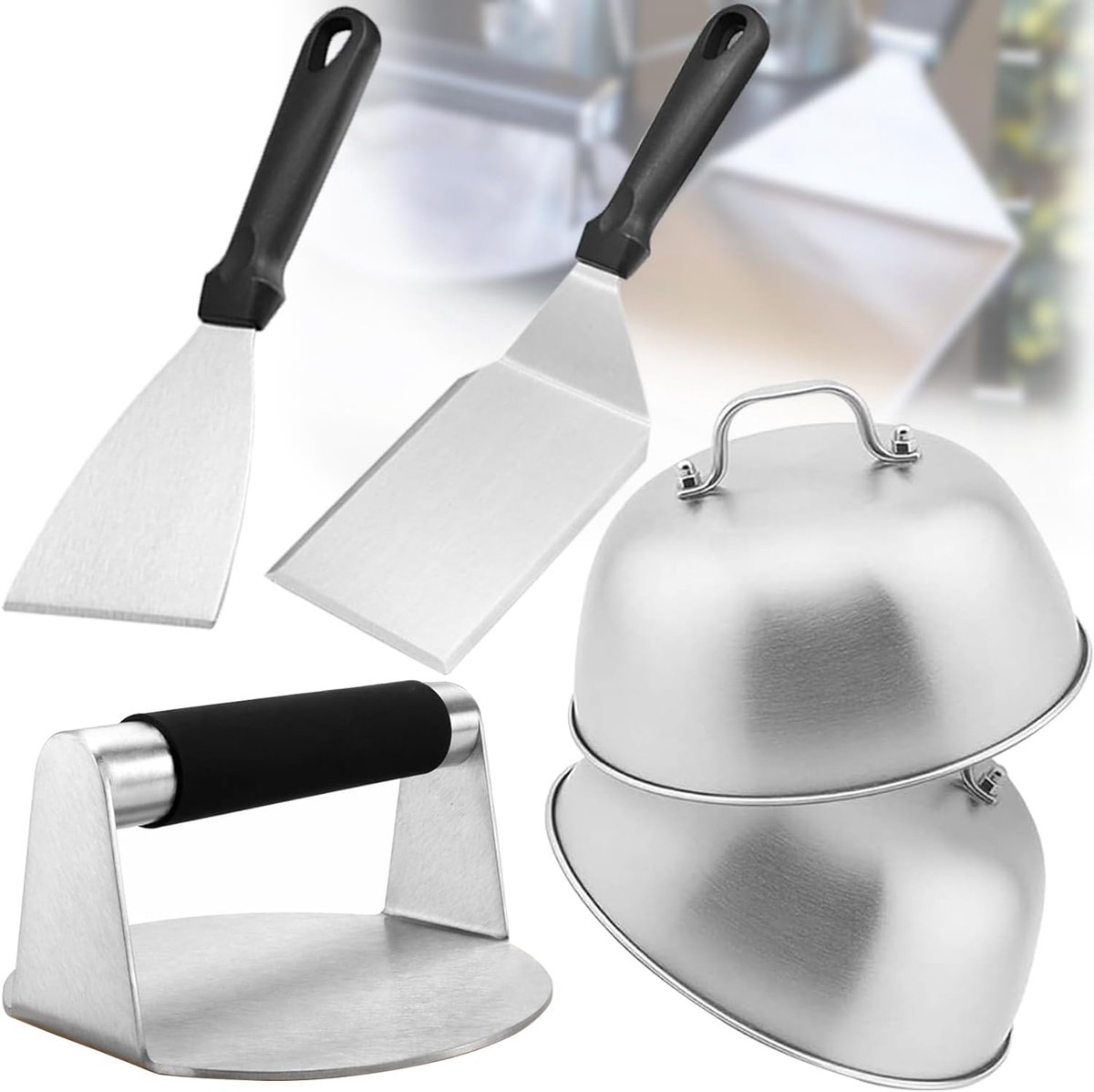 SnelShoppen - 5-delige Burger Smasher Set - Roestvrij Stalen Smash Burgerpers, Grillspatel, Spatel en Hamburgerbel voor BBQ, Grillen, Tuinfeest en Cam