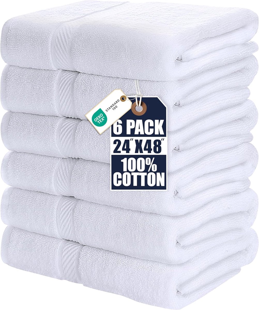 SnelShoppen - 6 Stuks Badhanddoeken 60x120 cm - Lichtgewicht en Sneldrogend - 100% Katoen - Ideaal voor Zwembad, Gym en Thuis - Witte Handdoeken
