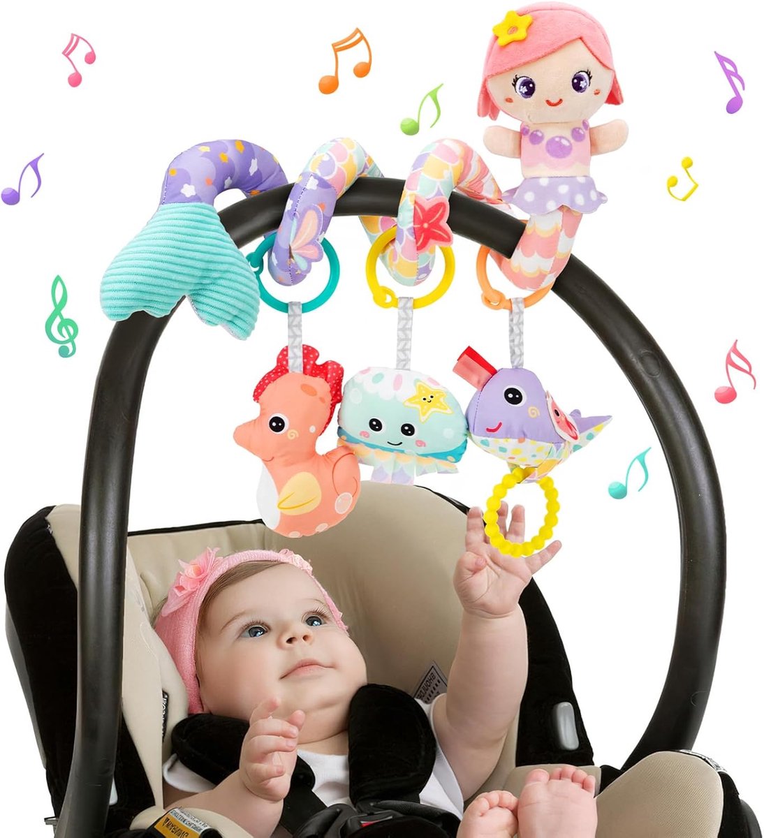Thijox - Kinderwagen Speelgoed Spiraal met Muziek, Hangend Pluche Activiteitenspeelgoed voor Babybed, Autostoeltje & Babyzitje, Roze voor Pasgeborenen