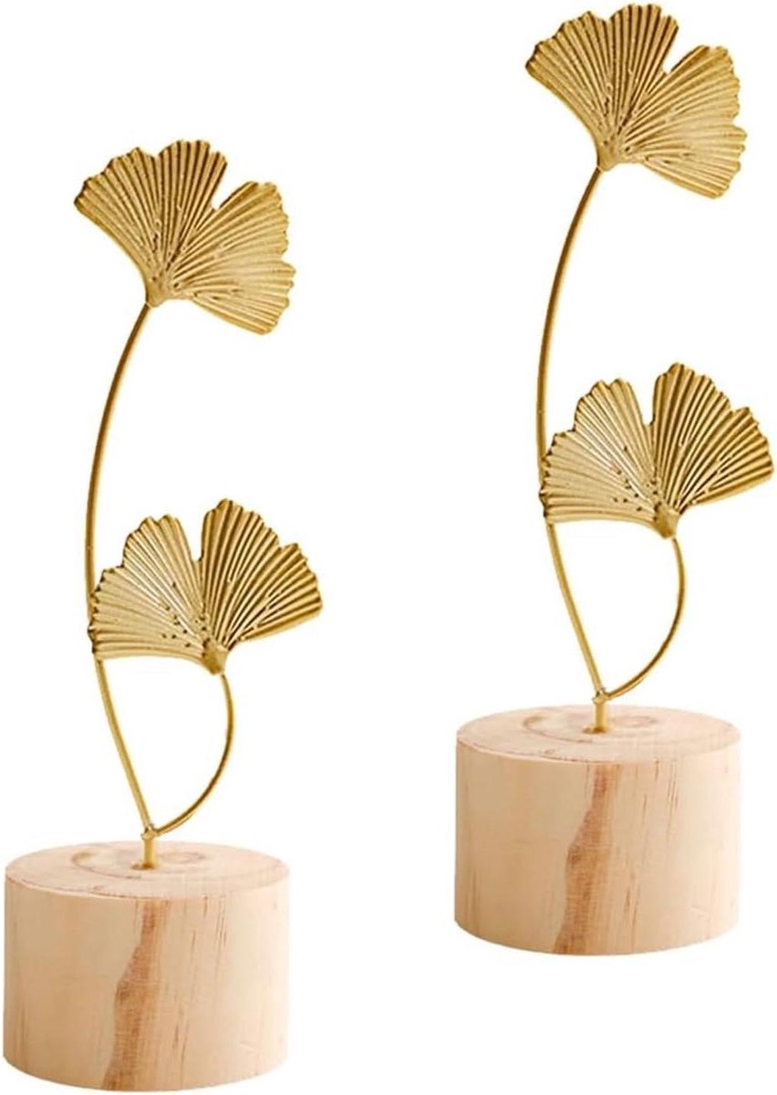 Ginkgo blad sculptuur - Metalen decoratie - Tafeldecoratie - Set van twee - Compact formaat - Goudkleurig