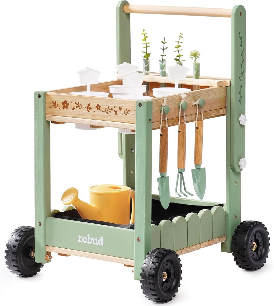 SnelShoppen - Tuingereedschap voor Kinderen met Houten Wagen, Gieter, Schep, Handhark, Plantenpotten en Hydrocultuurbuizen, Pedagogische Tuinset voor