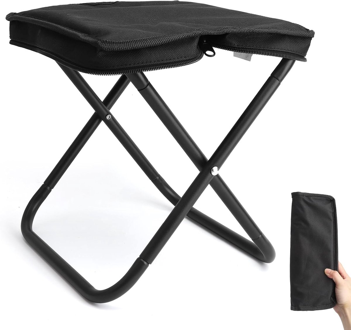 SnelShoppen - Zwarte Opvouwbare Kampeerkruk - Draagbare Kruk voor Camping, Wandelen, Vissen, Barbecue en Picknick - Lichtgewicht en Compact - Staal en