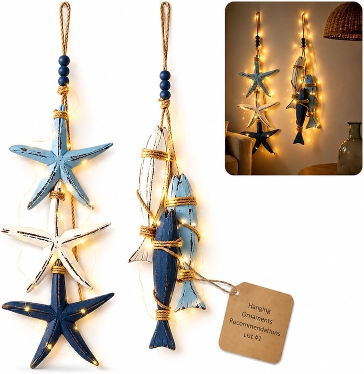 Houten Wanddecoratie met LED ( Zeester & Vis ) - Set van 2 - Sfeervolle Maritieme Hangende Decoratie voor Voordeur & Muur - Strand/Zee Thema - Wandhanger - Warme Verlichting - SOLLBRY®