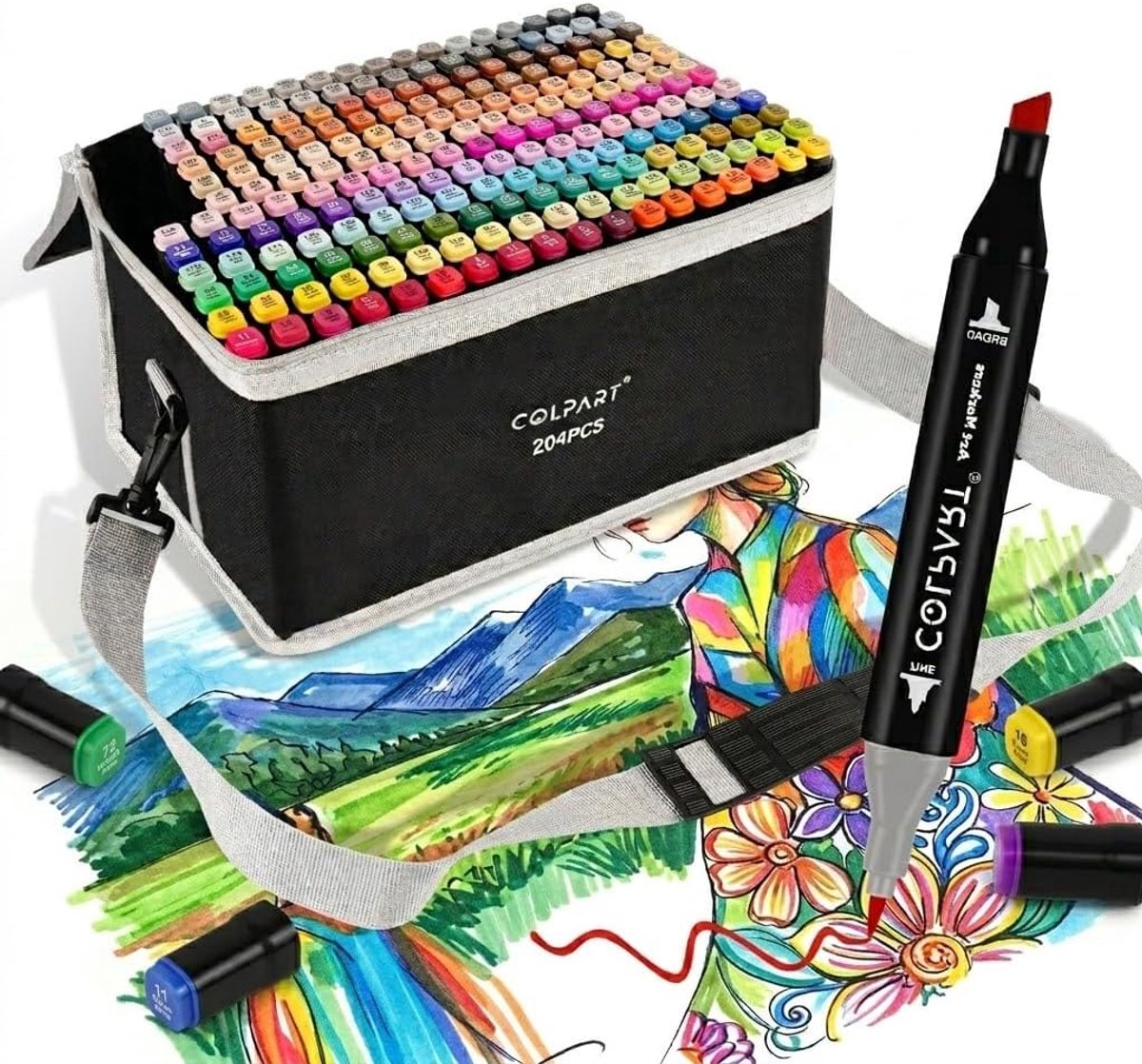 SnelShoppen - 204 Kleur Alcohol Markers Set - Dubbelpunt Markers voor Kinderen en Volwassenen - Inclusief Penhouder en Draagtas - Perfect voor Kleur-