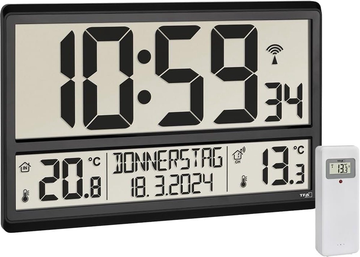 SnelShoppen - Digitale XL Wandklok met Radiocontrole, Binnen- en Buitentemperatuur, Weekdag in 8 Talen, Zwart, 360x235x28mm, Alarmfunctie