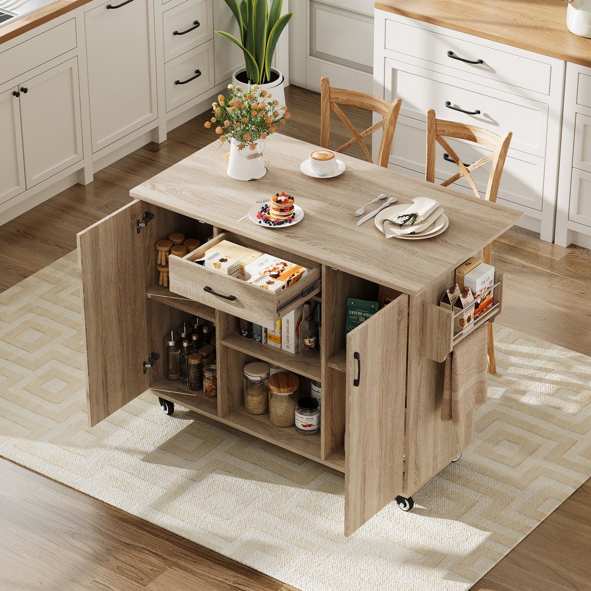 MEUNIQ keukeneiland op wielen 120 x 67,5 x 92,9 cm met klapbaar werkblad, lade, 2 kastdeuren, open schappen en kruidenrek voor keuken of eetruimte, naturel