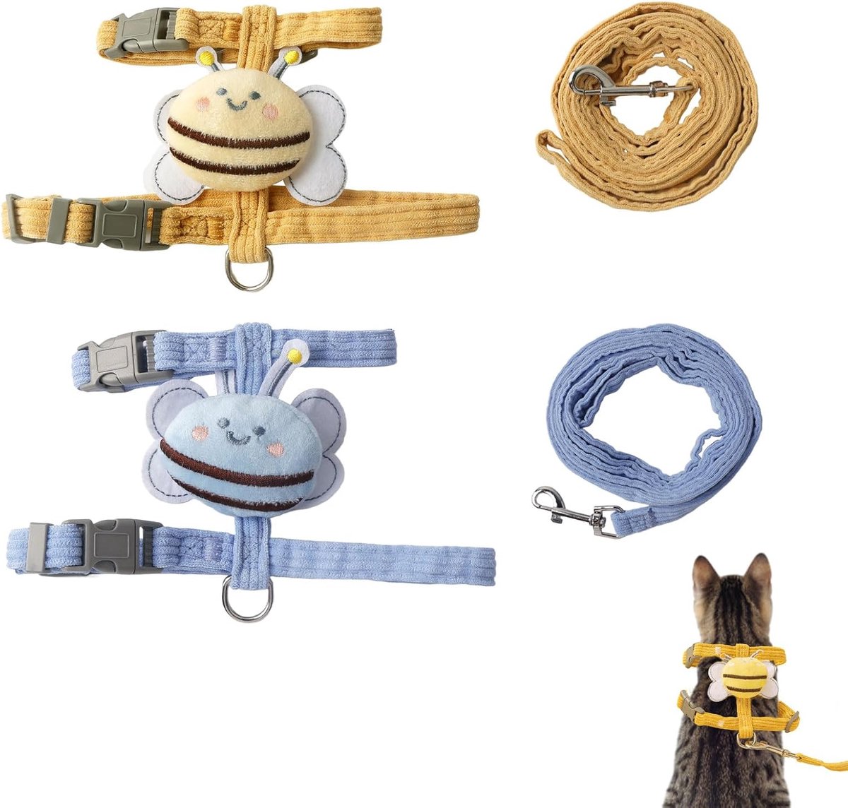 SnelShoppen - 2 Stuks Kat Harnas met Leash Ontsnappingsproof Verstelbaar Kattenharnas voor Buiten Training Wandelen Blauw Geel M