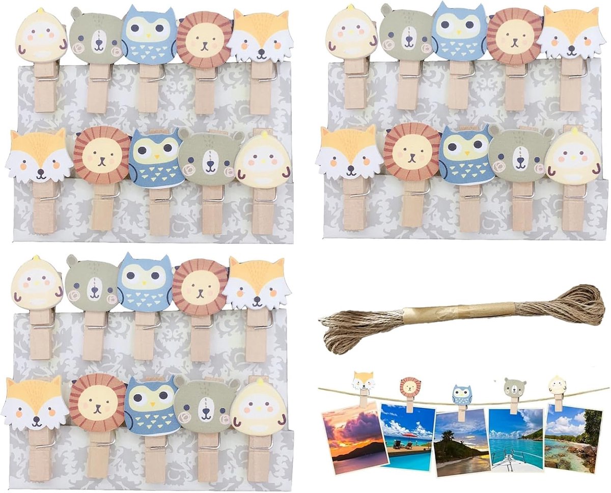 SnelShoppen - Houten Klemmen Klein met Bosdieren Motief 3.5 cm Mini Kleding Klemmen Hout - 30 Stuks + 10 m Jute Touw voor Foto's, Postkaarten, DIY en