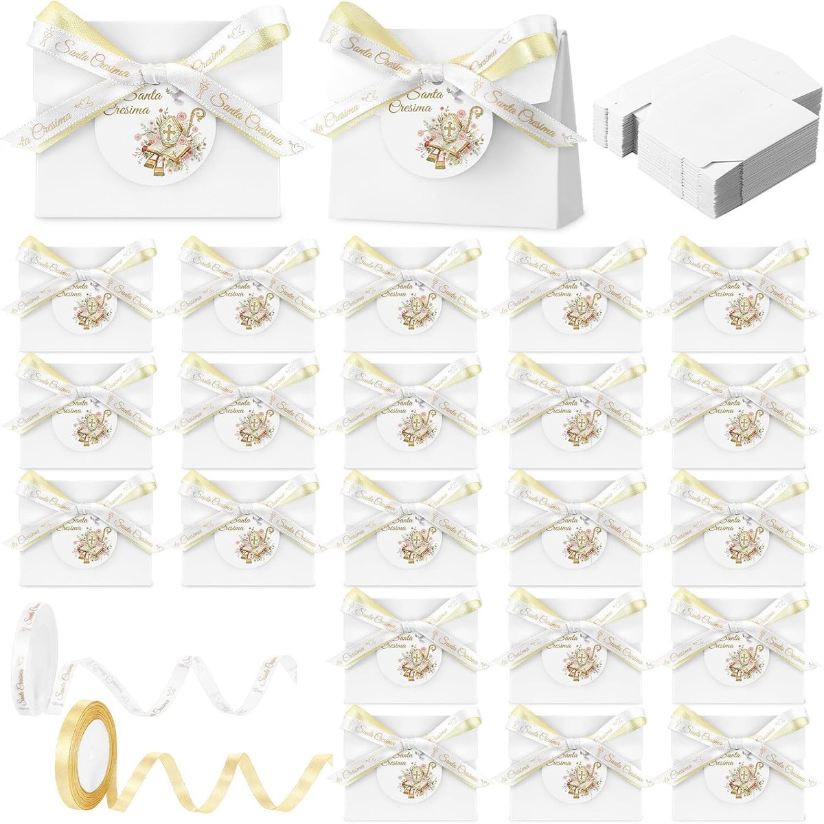 SnelShoppen - Set van 50 Ronde Hangers met Strik voor Communie, Doop, Verjaardag, Bruiloft, Jubileum - Witte Geschenkdozen met Lint - Ideaal voor Fees