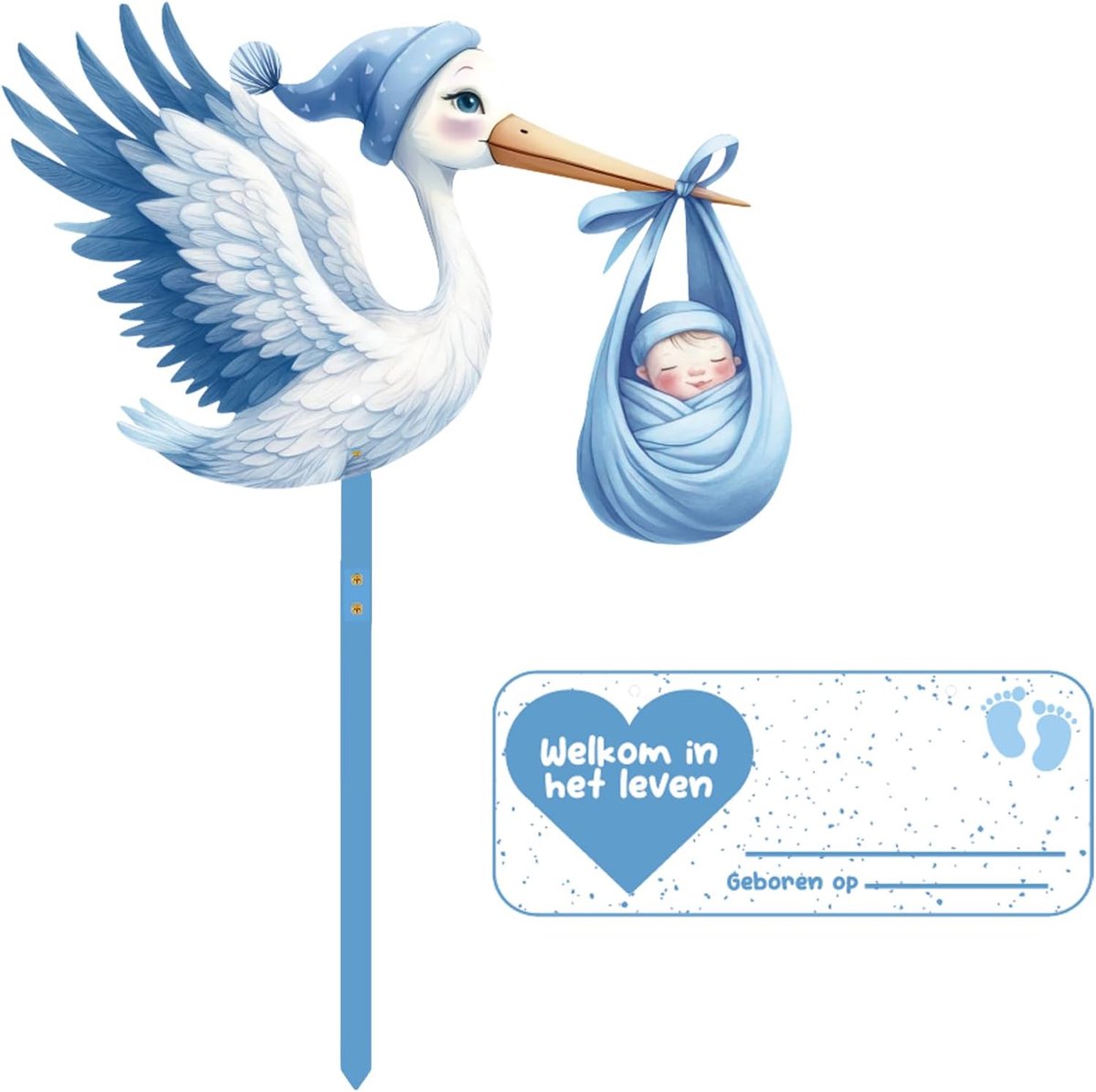 SnelShoppen - Klapperstorch Baby Geboorte Set, Schattige Houten Stork 81 cm, Dubbelzijdig Bedrukt, Waterdicht, Inclusief Houten Stok en Naamplaatje, P