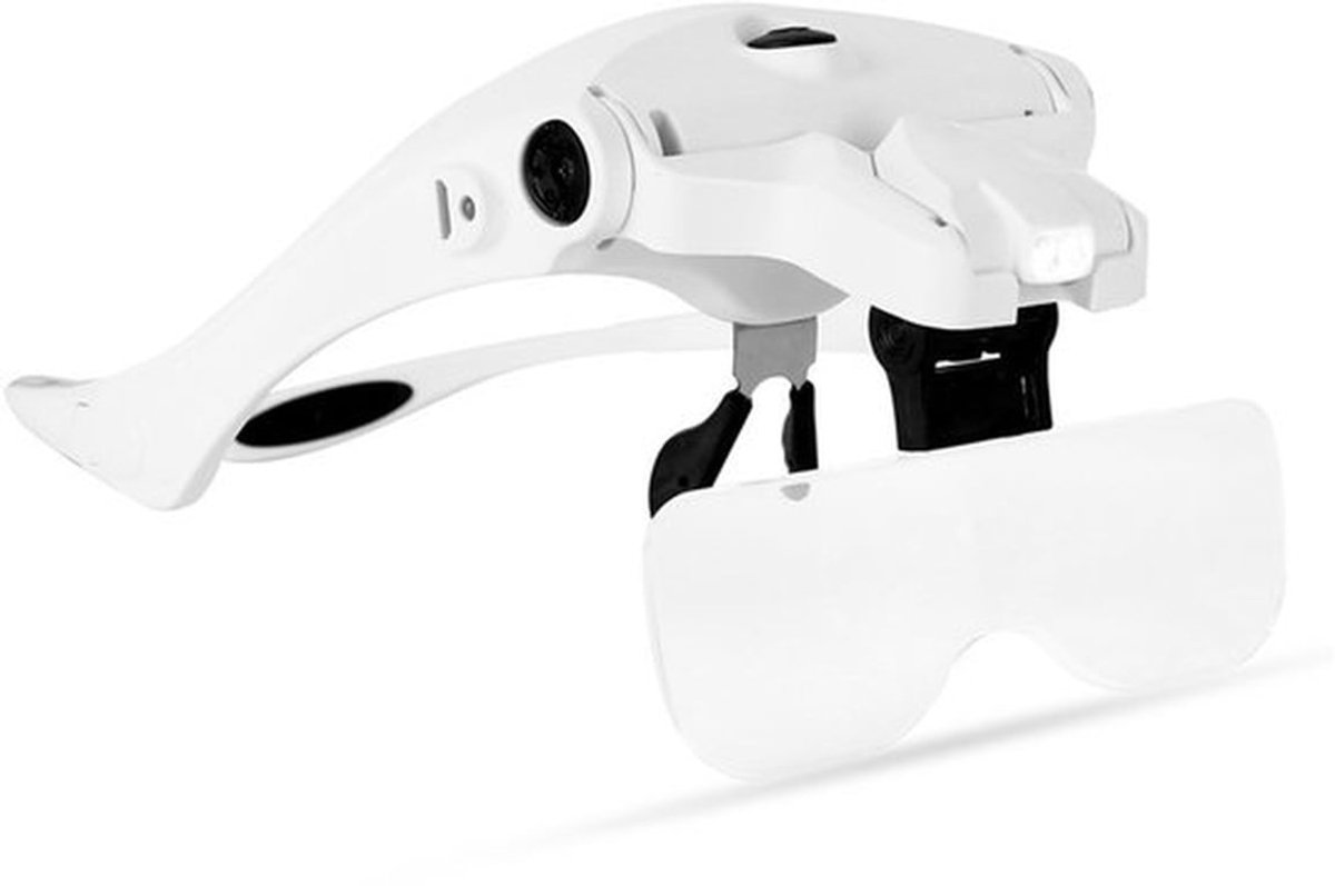 Een vergrootglas met een licht, handsfree ontwerp, voorzien van 5 lenzen en een hoofdband. Dit oplaadbare, op het hoofd te dragen vergrootglas is geschikt voor lezen, borduren, professionele sieradenvergroting en cosmetische doeleinden