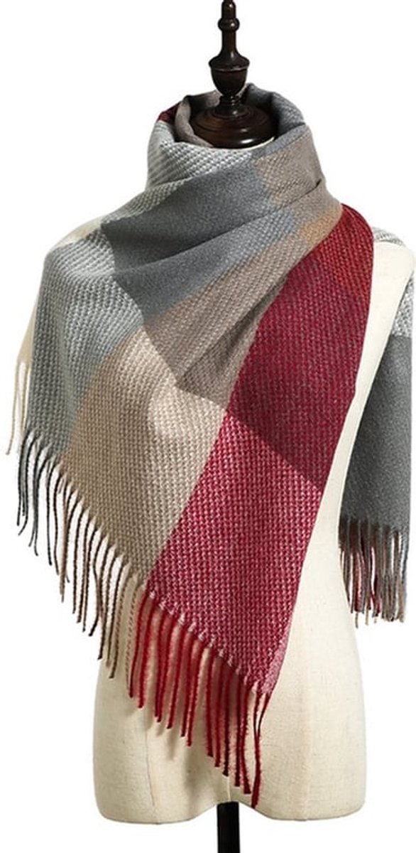 Sjaal van imitatiekasjmier met ruitmotief voor dames - Herfst/Winter, lange kwast - Sjaal in Britse stijl - Warme wintermode - Rood