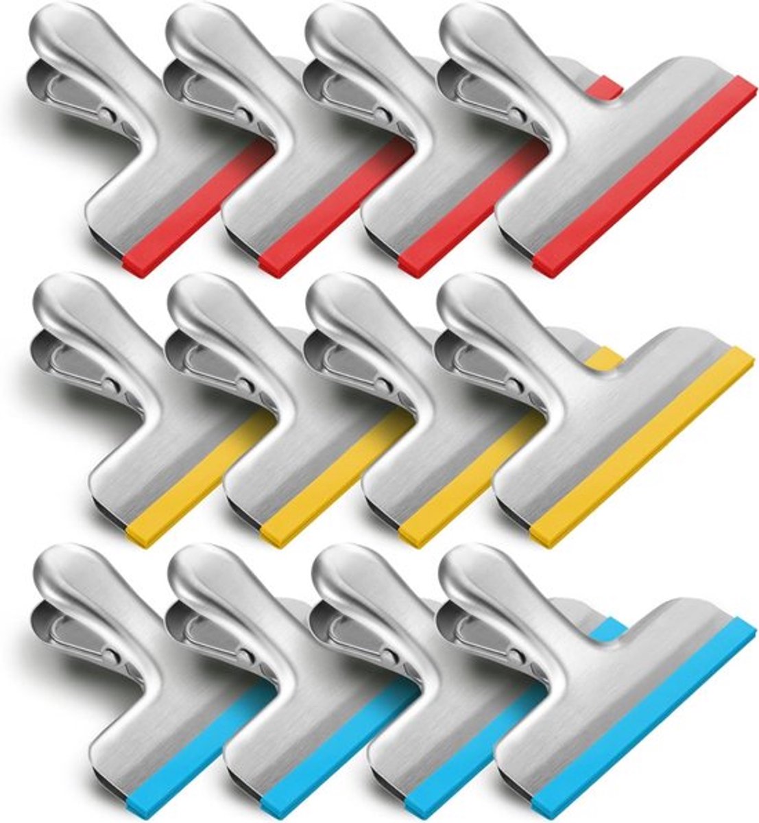 Verpakking van 12 - 3" roestvrijstalen siliconen sluitclips - Siliconen gecoat, geen scherpe randen - Luchtdichte afsluiting - Antislipstrips - Geschikt voor keukens/kantoren - Werkt ook als ticketclip - Rood, blauw en geel