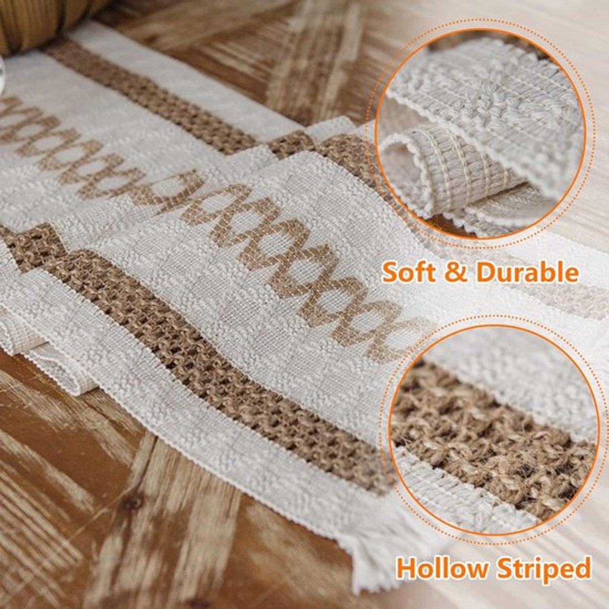 Tafelloper - tabel loper - Tafelloper van katoen linnen - jute tafelloper met kwastjes voor tafeldecoratie - ruitvormige tafelloper van henneptouw - tuinfeest, bruiloft, bohemian, kerstmis - wit en bruin - 30 x 275 cm