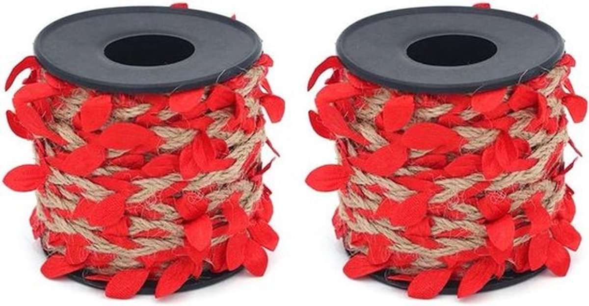 2PCS Jute touw met blad 33 voeten lint met spoel voor bruiloft huis tuin decoratie - rood