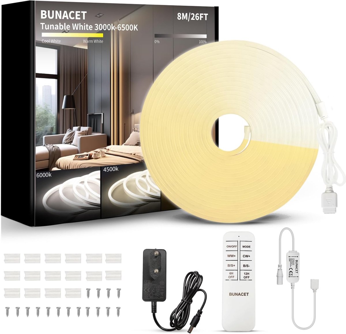 SnelShoppen - LED Strip Dimmable 8 m 24 V Warm White en Cool White IP67 Waterproof Flexibele LED Strip met Afstandsbediening en Dimbare Silicone Verli