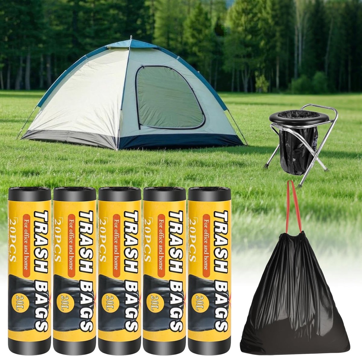 SnelShoppen - 100 Stuks Biologisch Afbreekbare Toiletzakken Zwart met Trekkoord 60 x 50 cm - Extra Dikke Afvalzakken voor Camping, Hiken, Reizen