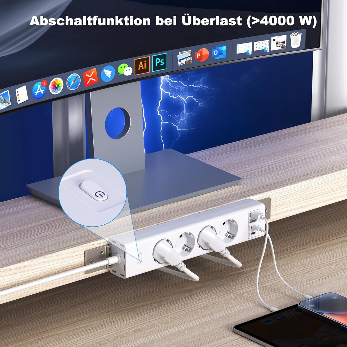 SnelShoppen - 4-way Power Strip Onder-Bureau Montage met 2 USB-C (PD20W) + 2 USB-A (QC3.0 18W), 4000W Verstevigde Stekkerdoos, 2m Kabel voor Onopvalle