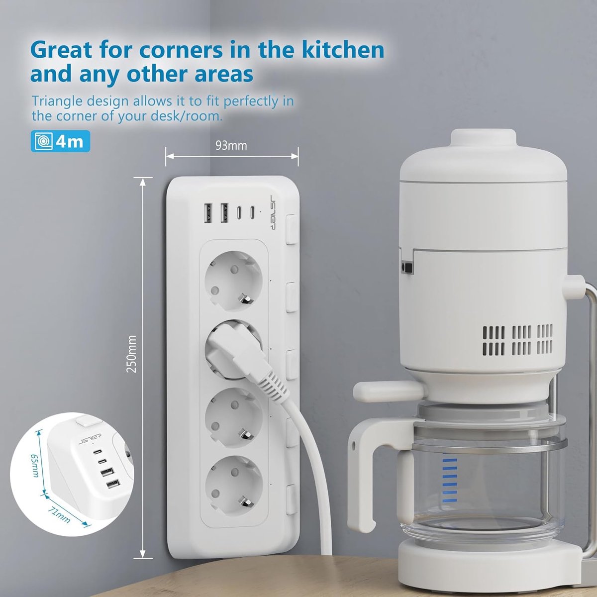 Thijox - Hoekstopcontact met Individuele Schakelaars, 4-voudige Stekkerdoos met 4 USB Poorten (2x USB-C), 4 m Snoer, Vlamvertragend, Wit voor Kantoor