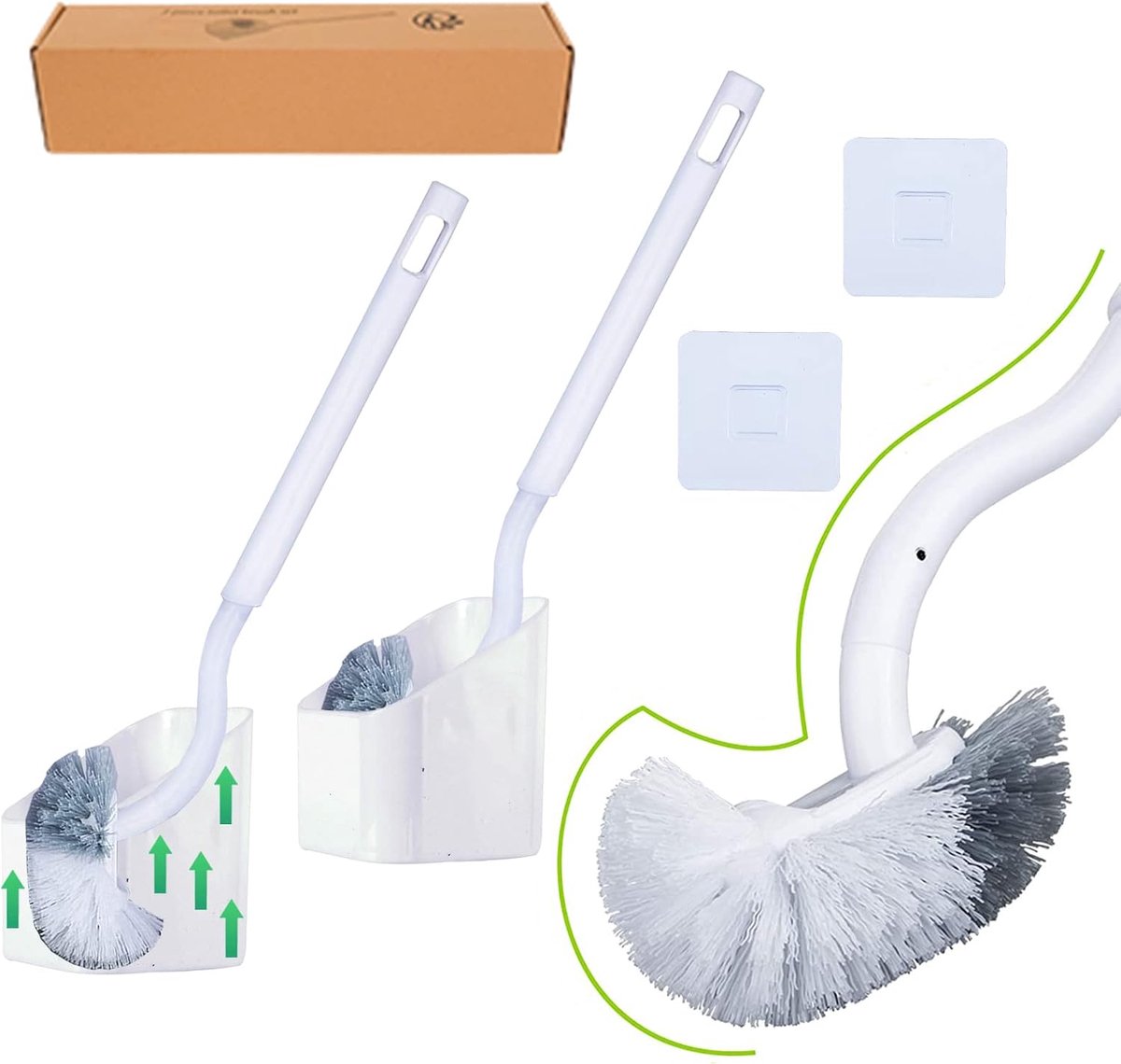 SnelShoppen - Toiletborstel Set Met Basis en Randreiniger - Lang Handvat 40cm - Sterke Borstelharen - 2 Stuks - Wit - Diepe Reiniging voor Badkamer en