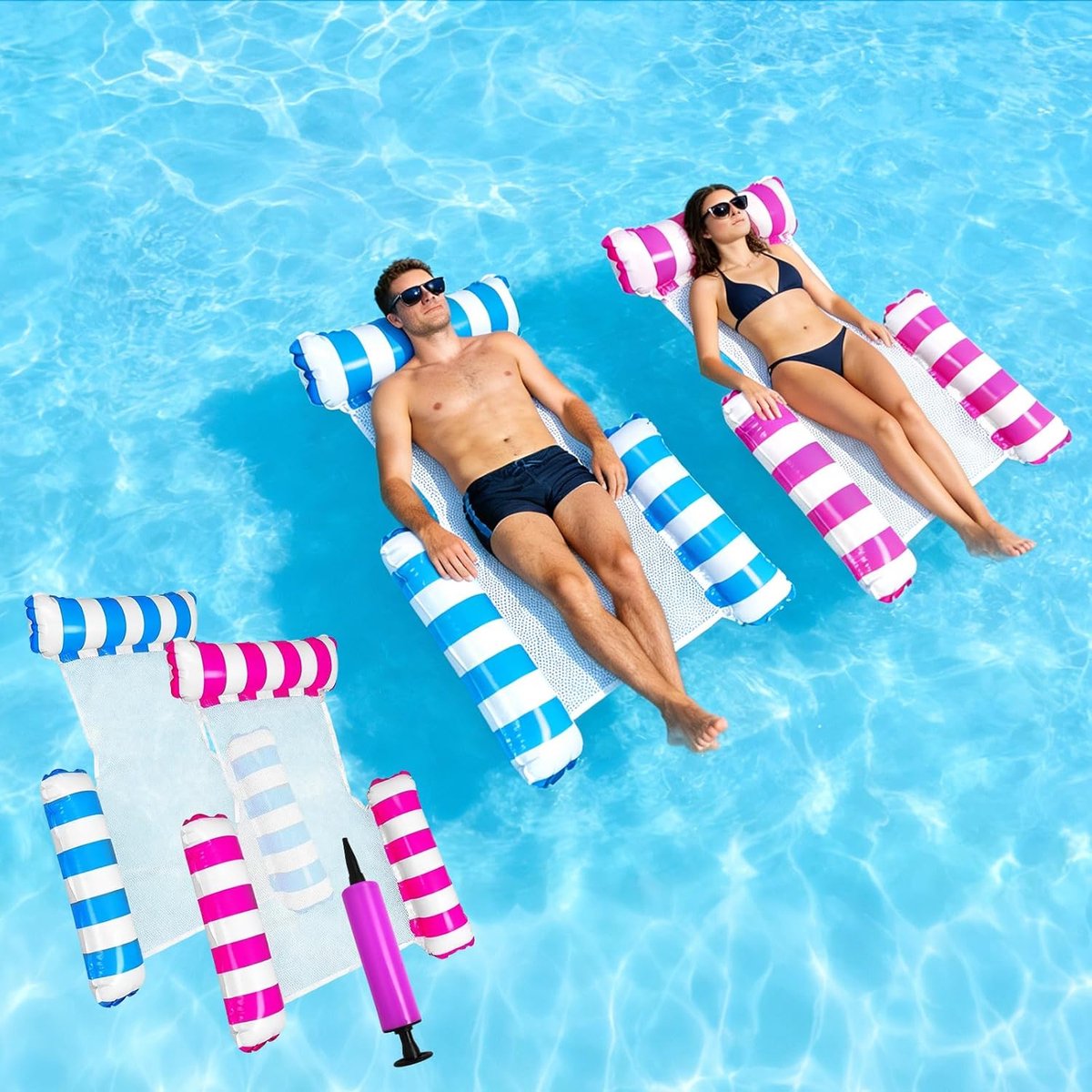 SnelShoppen - 2x Luchtmatras Zwembad 4-in-1 Waterhangmat met Rugleuning en Armleuningen, Zonnestoel, Waterrelaxstoel, Infloatorpomp, Perfect voor Tuin