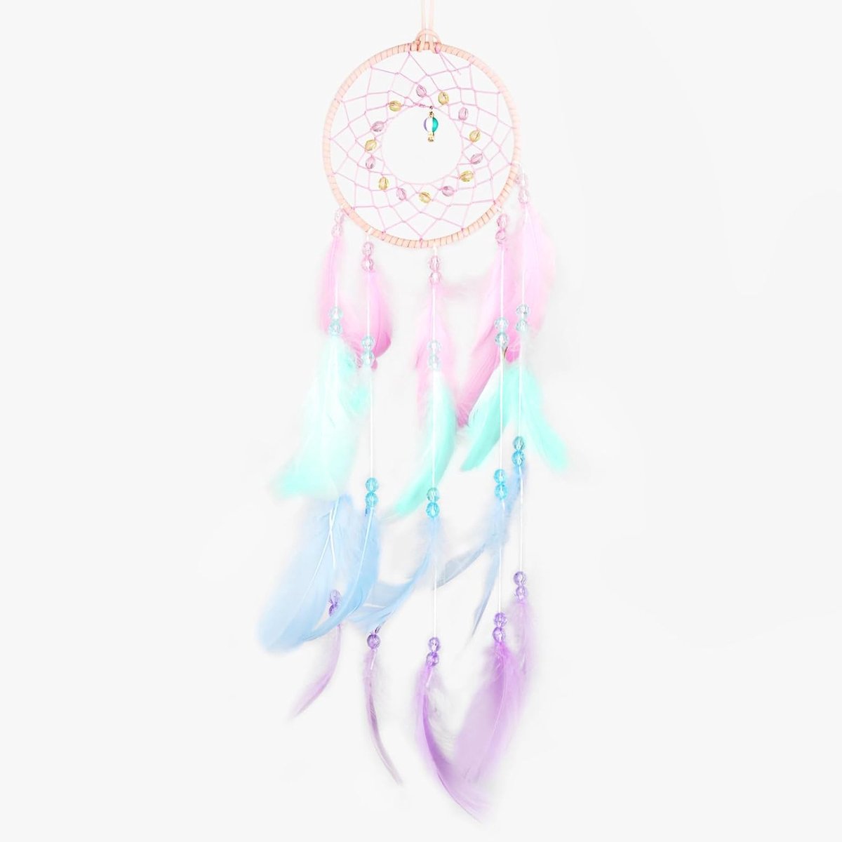 SnelShoppen - Grote Handgemaakte Dromenvanger met Veren en Kleurige Kralen - Roze Decoratie voor Meisjes en Kinderen - Feestelijke Muurdecoratie als V