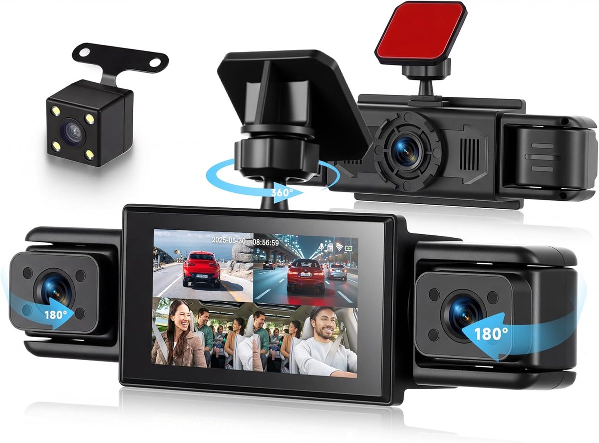 SnelShoppen - 4-kanaals 360 graden dashcam auto met 4 camera's 1080p voor en achter, links en rechts, 3 inch IPS-scherm, universieel montage type, ide
