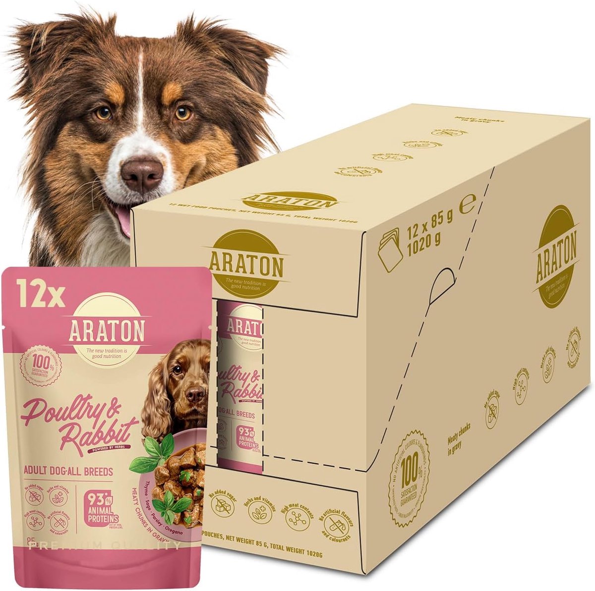 SnelShoppen - Hondenvoer Nat met Gevogelte en Konijnen - Rijk aan Dierlijke Eiwitten - Uitgebalanceerd Natvoer voor Honden van Alle Rassen - 12 x 85 g