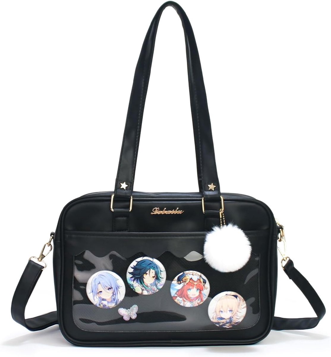 SnelShoppen - Kawaii Ita Schoudertas - Japanse Anime Schoudertas met Voorvak voor Broches en Bedels, Afneembare Pompons, Schattige Tas voor Feest, Sch