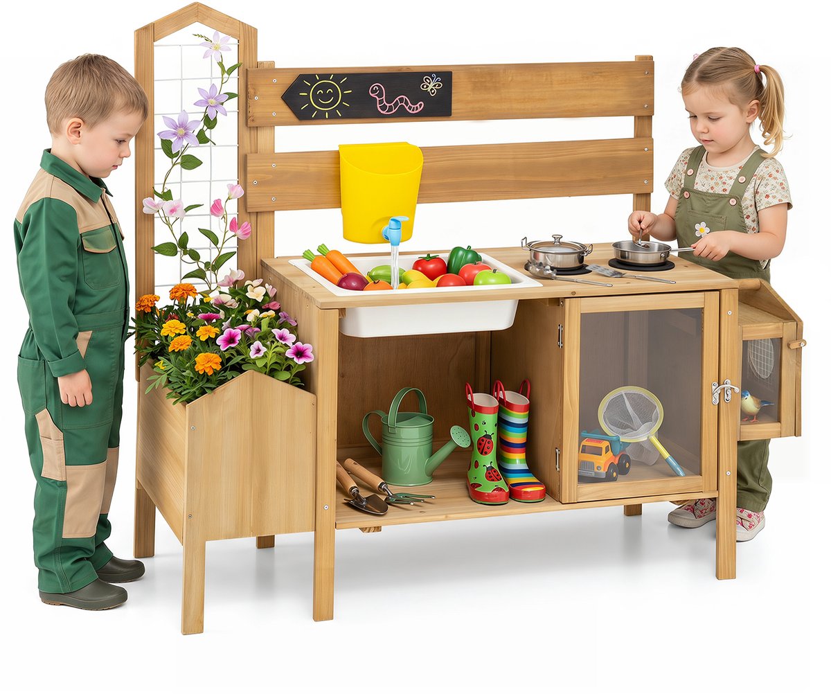 COSTWAY Modderkeuken voor kinderen, outdoor, speelkeuken met watertank, gootsteen | Kinderkeuken met kraan, rankrooster, plantenbak en vogelkooi, tuinspeelkeuken met fornuis en kookaccessoires