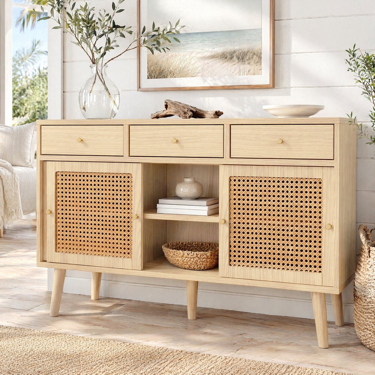Wishdor - Dressoir - 3 lades en schuifdeuren - verstelbare planken - Scandinavisch retro - woonkamer of eetkamer - houtlook met rattan - eiken - 120 x 40 x 78 cm