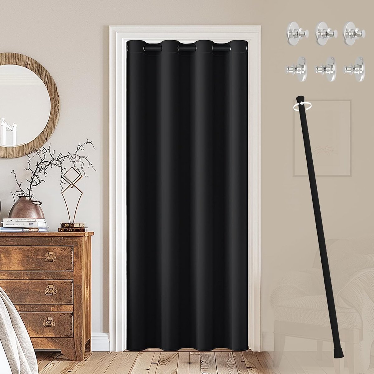 SnelShoppen - Zwart Binnenrolgordijn met Stang 1 Stuk 132 x 210 cm Warmte-isolerend Gordijn voor Slaapkamer Woonkamer Badkamer met Zwarte Stang