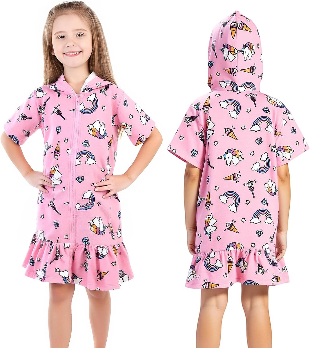 SnelShoppen - Kids Hooded Poncho Towel Bathrobe Zipper Beach Towel 100% Katoen voor Meisjes M Pink - Ideaal na Zwemmen en Badderen