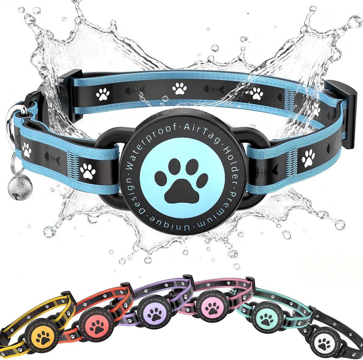 SnelShoppen - Kattenhalsband voor AirTag met Veiligheidsclip, Reflecterende Halsband met AirTag Houder en Bel, Comfortabel Gevuld, Verstelbaar en Wate