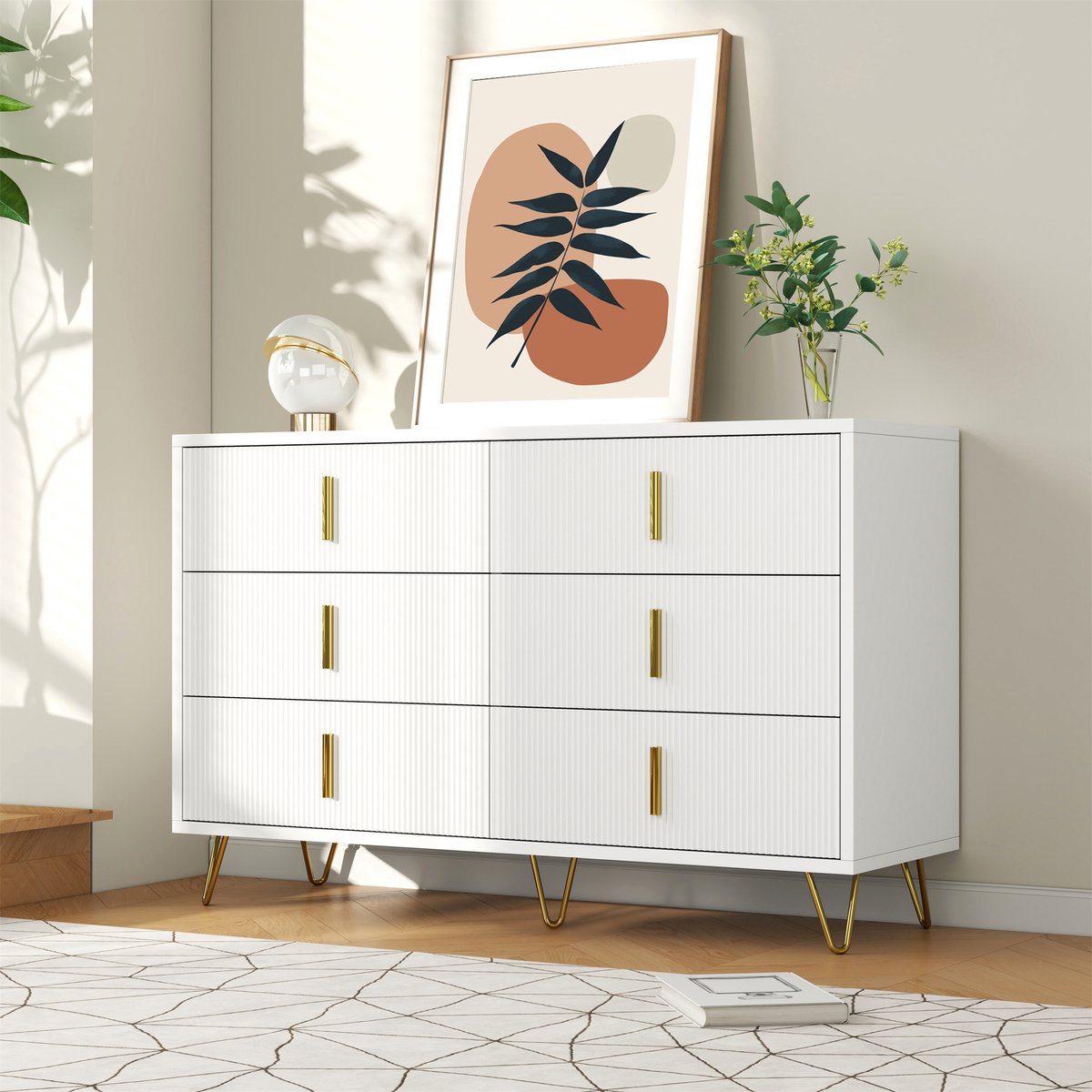 Wishdor - Dressoir - 6 lades - modern minimalistisch design - woonkamer slaapkamer eetkamer - bewerkt hout - wit goud - 120 x 40 x 77 cm