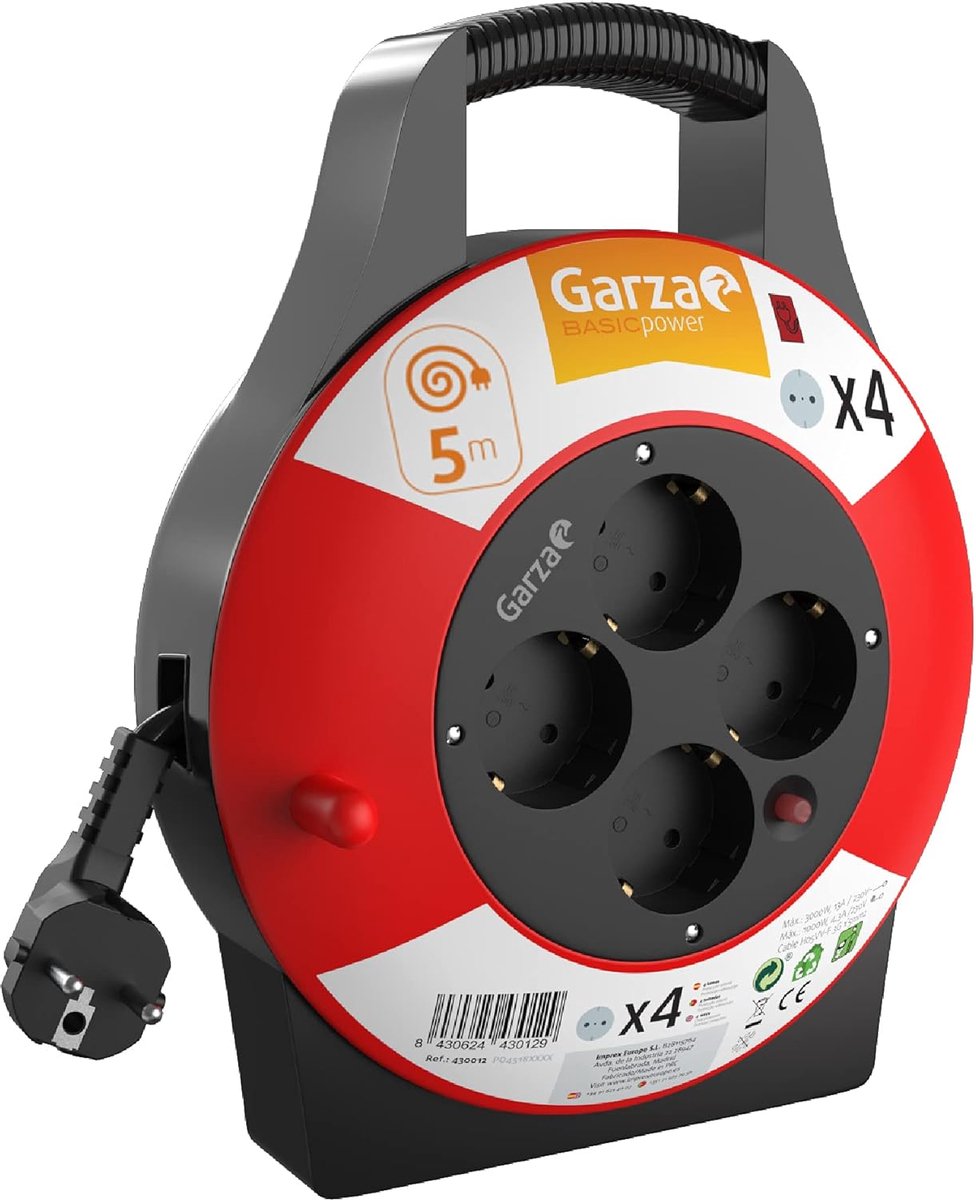 SnelShoppen - Garza Power Cable Reel Huishoudelijk 5m met Handvat, 4 Geaarde Stopcontacten, Zwart en Rood, Ideaal voor Thuis, Tuin, Camping