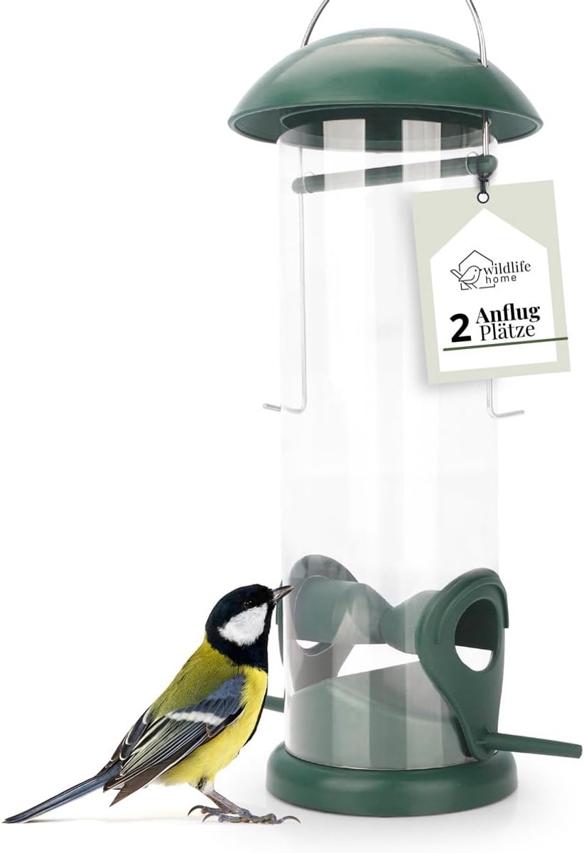 SnelShoppen - Körner Vogelvoederdispenser 20 cm met 2 Voederstations - Weerbestendig Vogelvoer Silo voor Tuin en Balkon - Geschikt voor Wildvogels - H