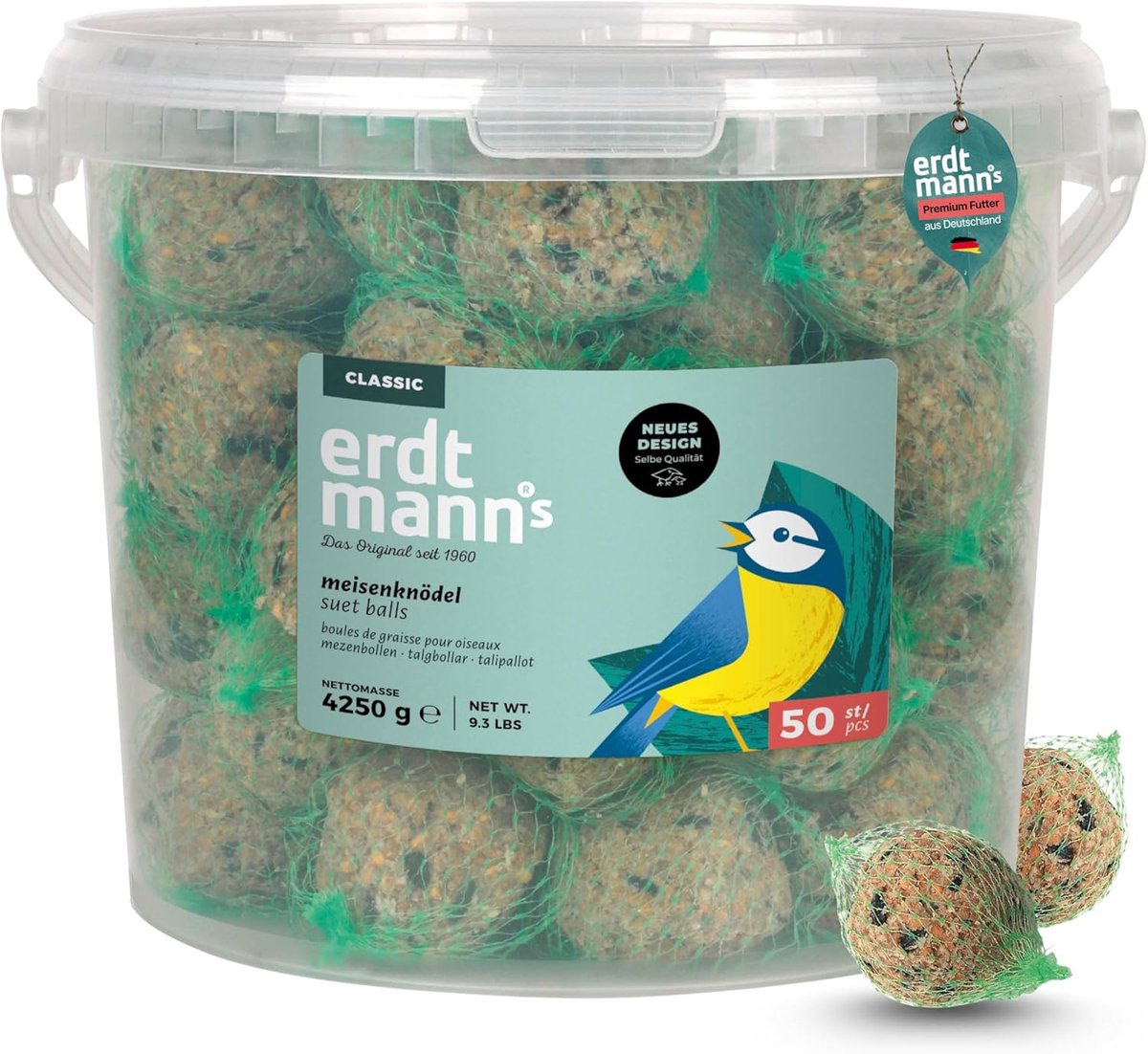 SnelShoppen - 50 Titbollen met Net in Emmer, 4.2 kg Vogelvoer met Graanvlokken en Zonnebloempitten, Jaar rond Voeder voor Tuin, Balkon en Bomen