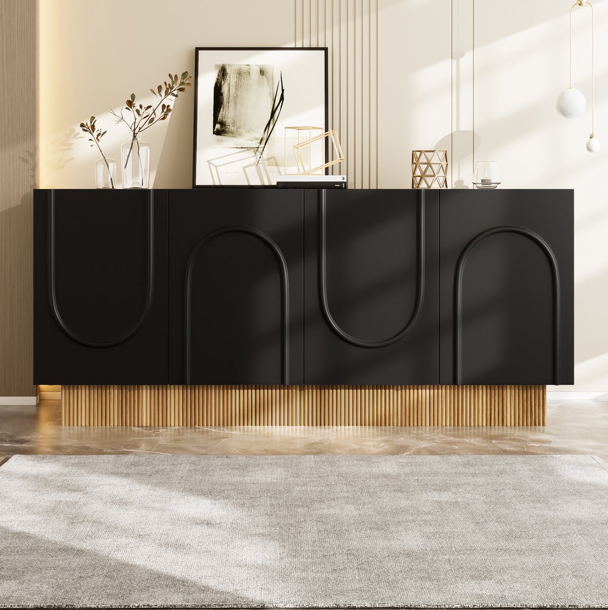 Wishdor - Dressoir - 4 deuren - ruime opbergkast met U-reliëf en matte fronten - modern design voor woonkamer en eetkamer - houtlook - zwart - 160 x 38 x 75 cm